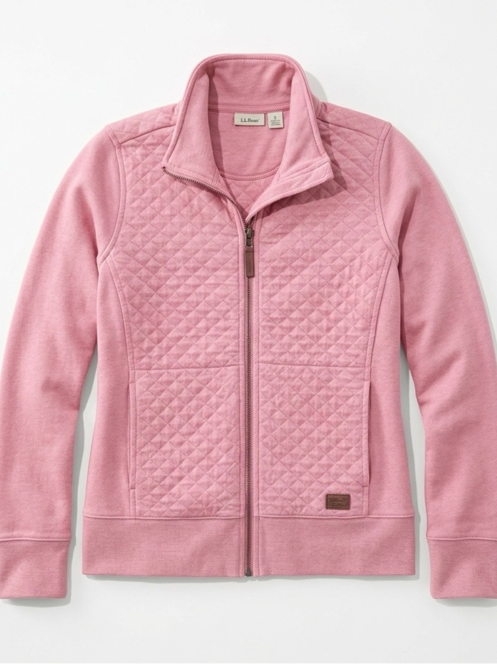 L.L.Bean Women's Quilted Full-Zip Sweatshirt Dusty Rose Lightweight Cozy Hoodie